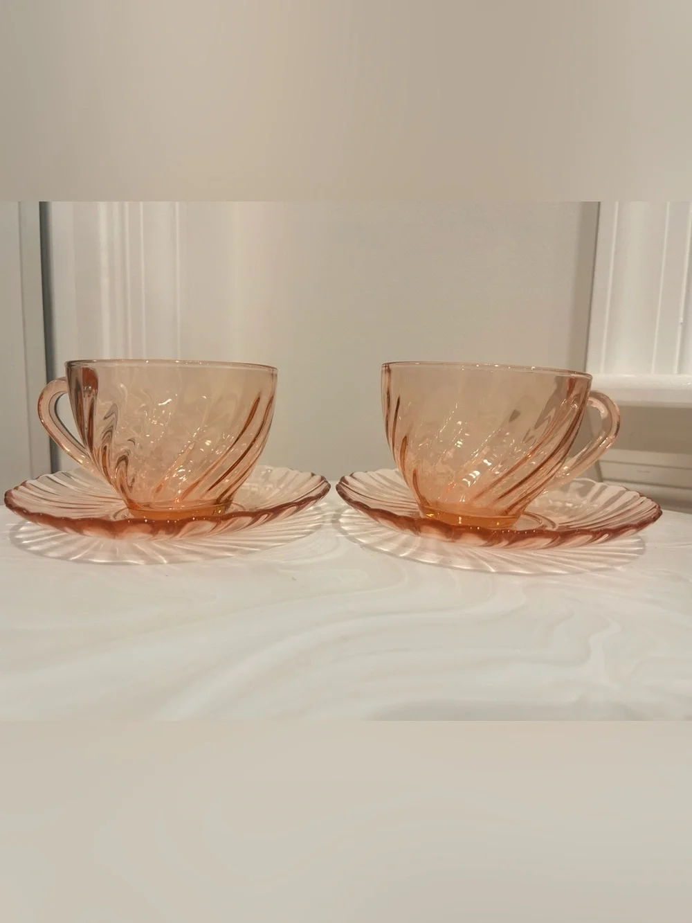 Vintage Arcoroc France Pink Swirl Coffee Cup & Saucer Set Of 2